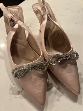 Trary Blush Pink Satin Slingback Heels with Crystal Bow Accent
